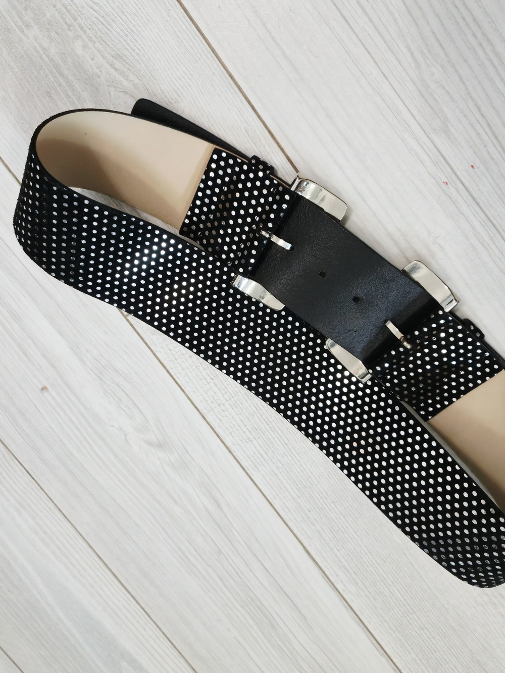 Garuglieri Italian Leather Black Studded Double-Buckle Waist Belt/ Silver Size L - Picture 3 of 12